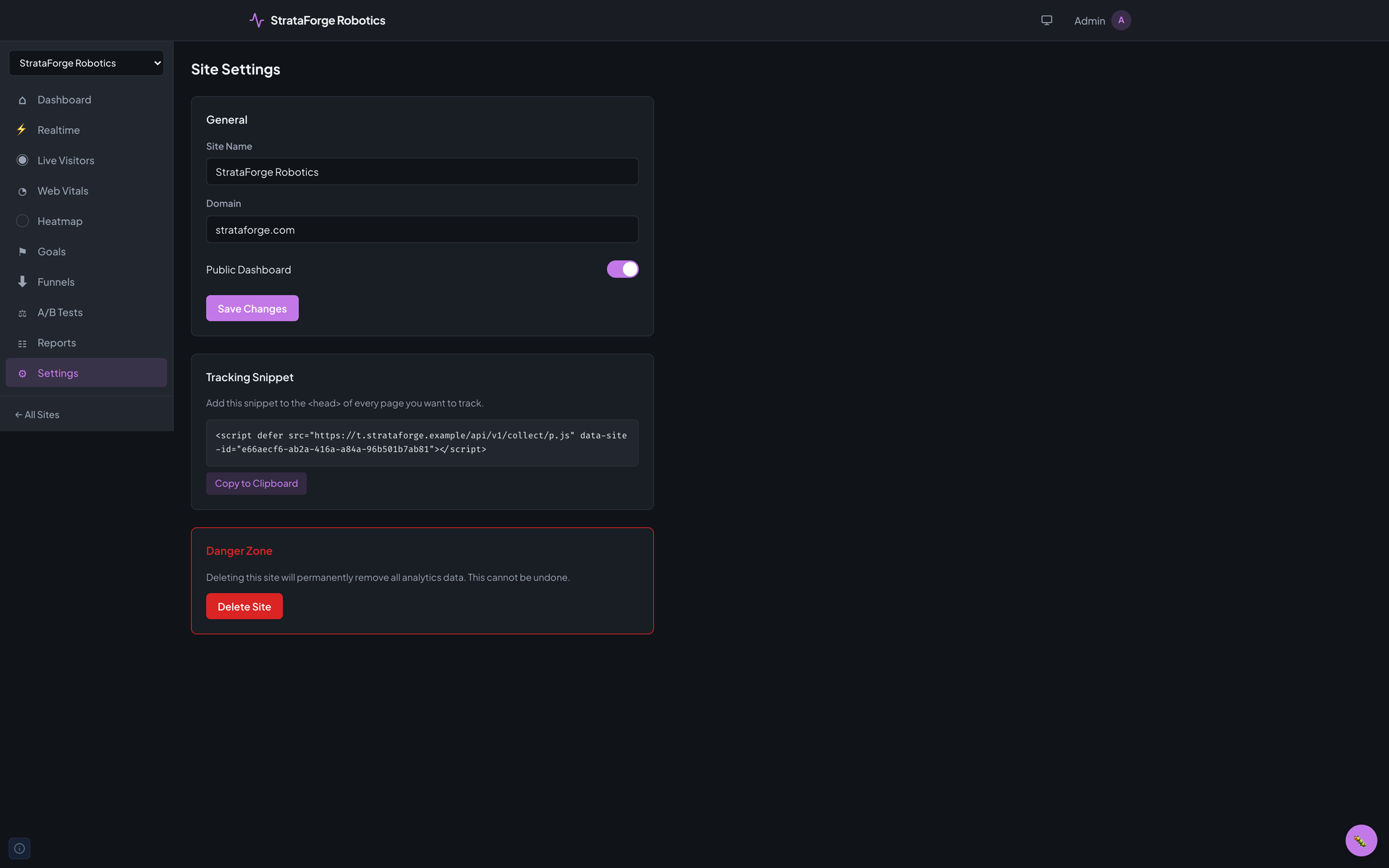 Pulse's Site Settings page with the site name, domain, a public dashboard switch, and the install snippet, one script tag with the site's id.